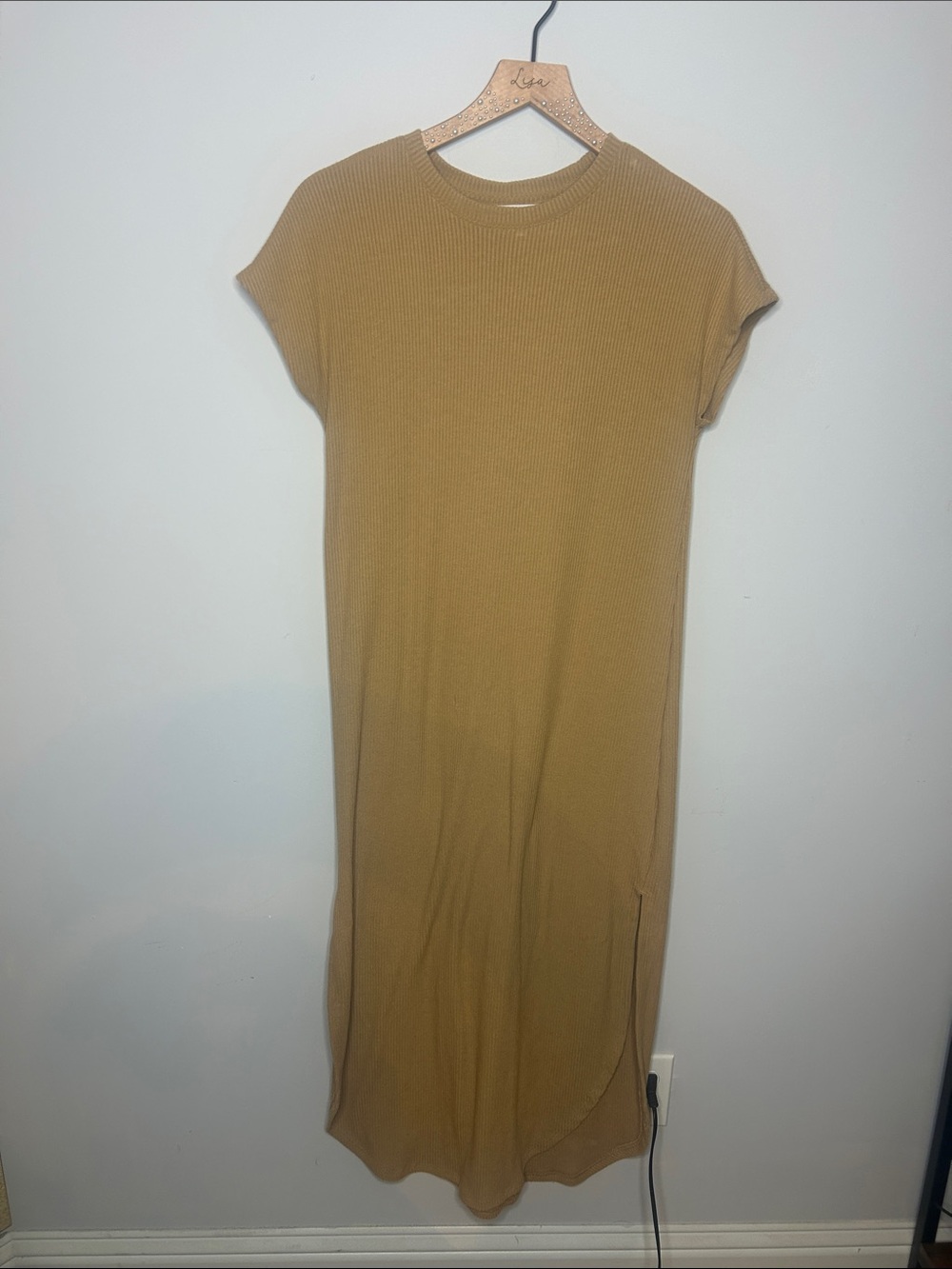 Time and Tru Ribbed Crewneck Maxi Dress in Camel